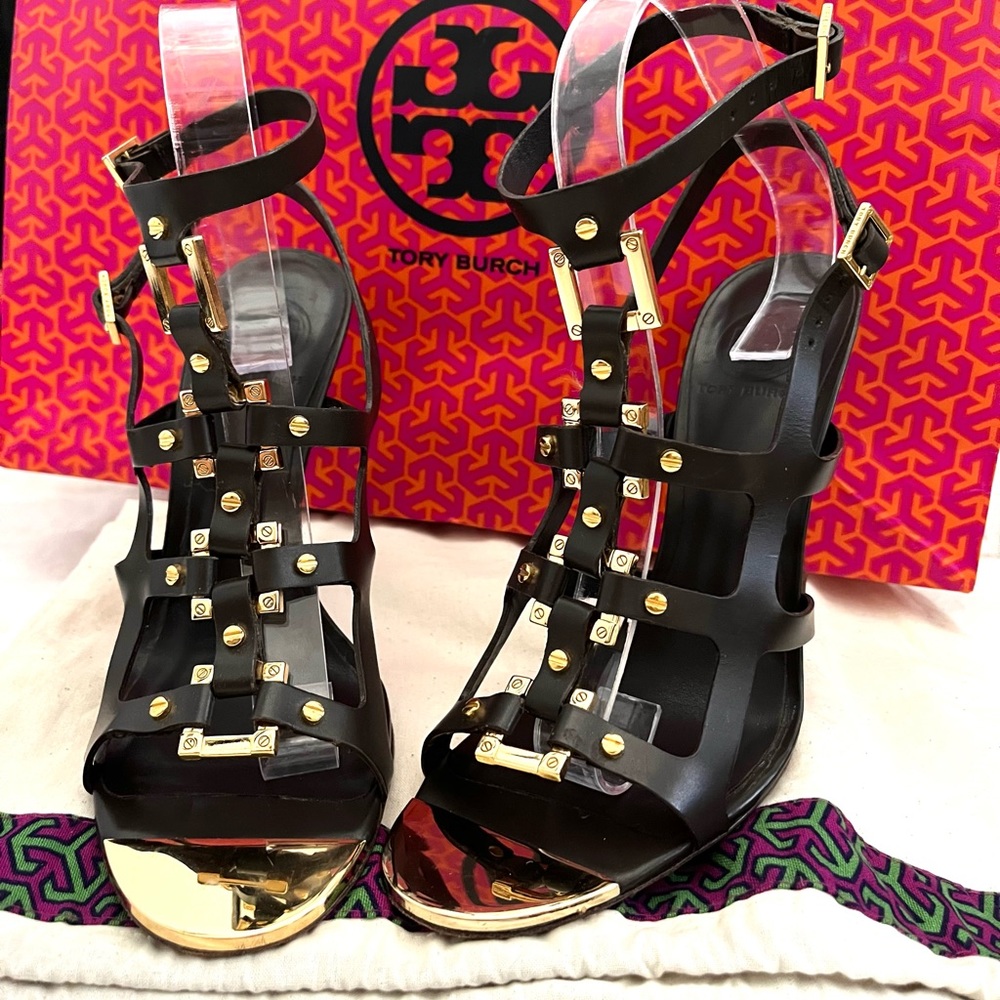 TORY BURCH Francesca Leather Brown Gold Gladiator Double Buckle Heels 8.5M